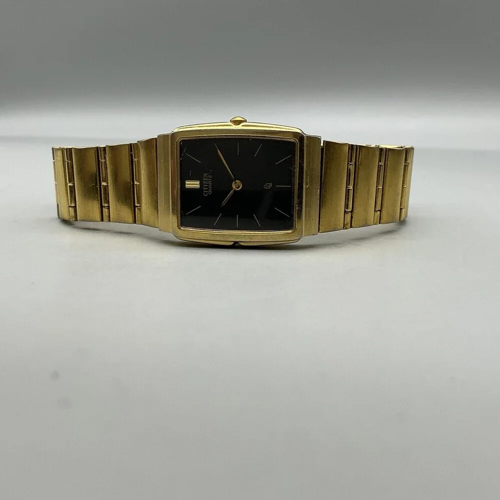 Vintage Citizen 6020 Mens Watch 25mm Black Dial Gold Tone Bracelet For Parts